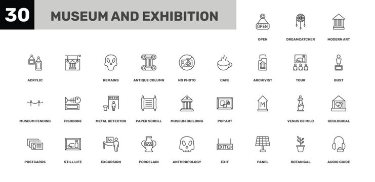 museum and exhibition icon set with modern art, remains, anthropology signs in flat outline style