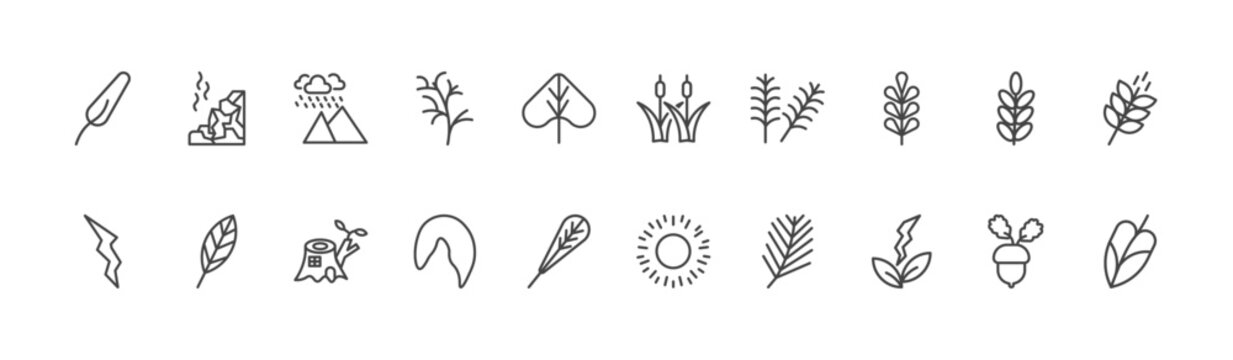 nature icon set with mountain pse, reed bed, natural energy signs in flat outline style