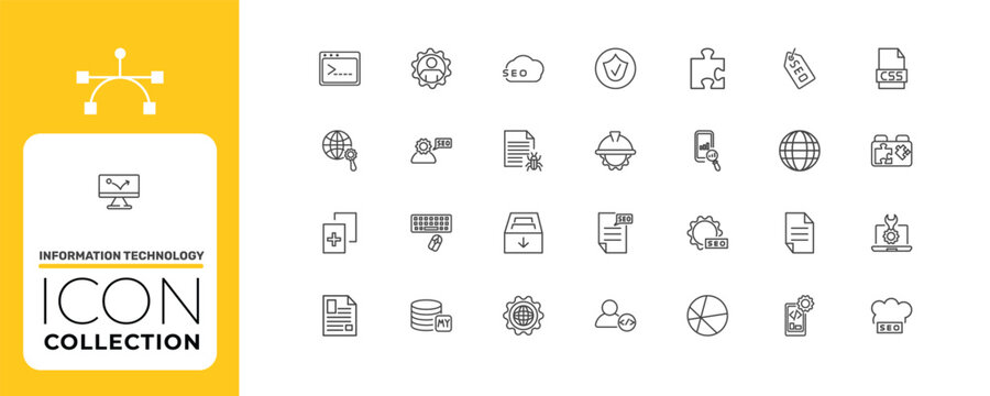 information technology icon set with authorize, seo consulting, image seo signs in flat outline style