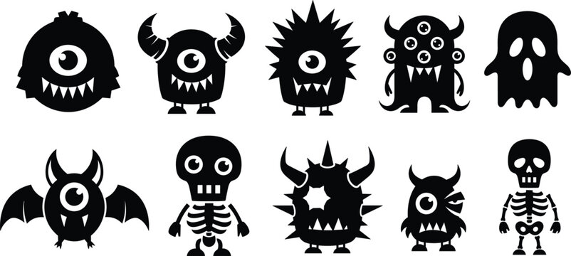 "Set of Cute and Spooky Monster Icons Featuring Skeletons, One-Eyed Creatures, and Halloween Characters for Fun, Holiday, and Cartoon Design Projects"