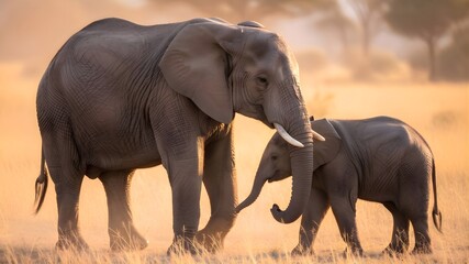 Fototapeta premium African elephant mother and calf walking in savanna at sunset, wildlife conservation and animal family concept, generative AI illustration