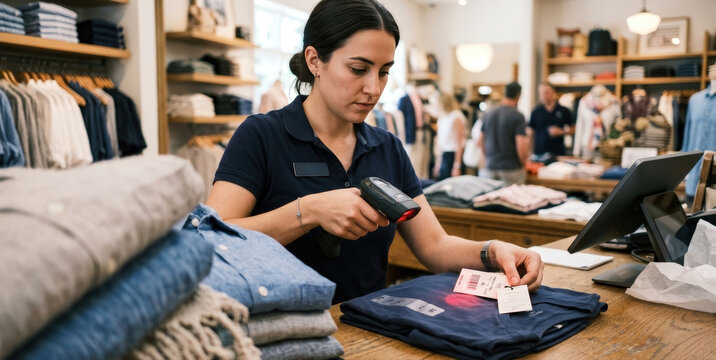 Sales Associate Scanning Folded Shirt with Handheld Barcode Reader