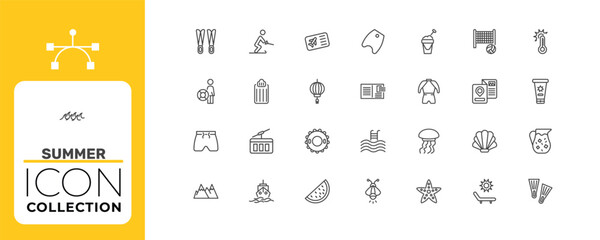 summer icon set with bodyboard, air mattress, jellyfish signs in flat outline style © Abstract