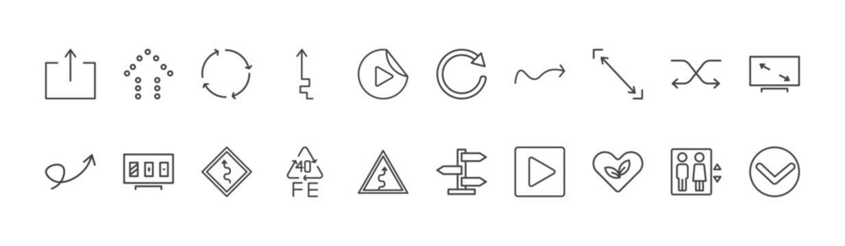 user interface icon set with dotted up arrow, rotated right arrow, ecologic heart signs in flat outline style