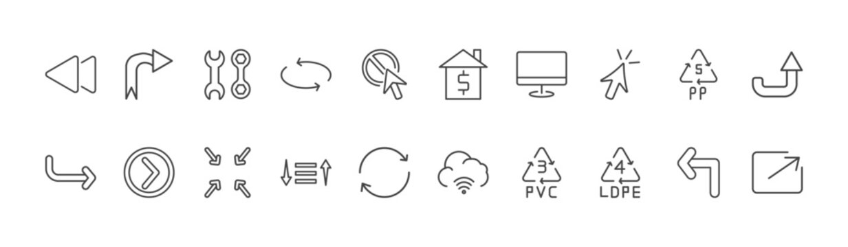 user interface icon set with curved right arrow, house value, 4 ldpe signs in flat outline style