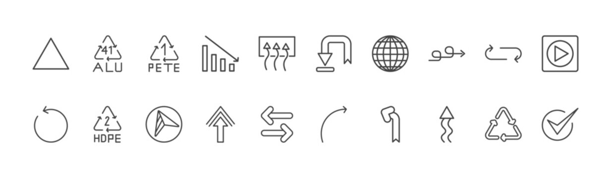 user interface icon set with 41 alu, downward rotation, up arrow with scribble signs in flat outline style