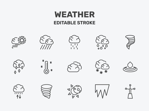 weather icon set with steady rain, rainy day, typhoon signs in flat outline style