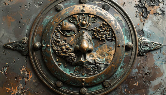 Close up of an ornate bronze circular relief with a mythical face