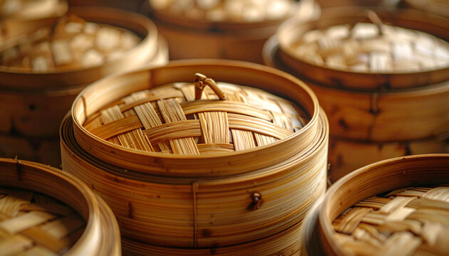 Close up of bamboo steamers for food preparation and serving