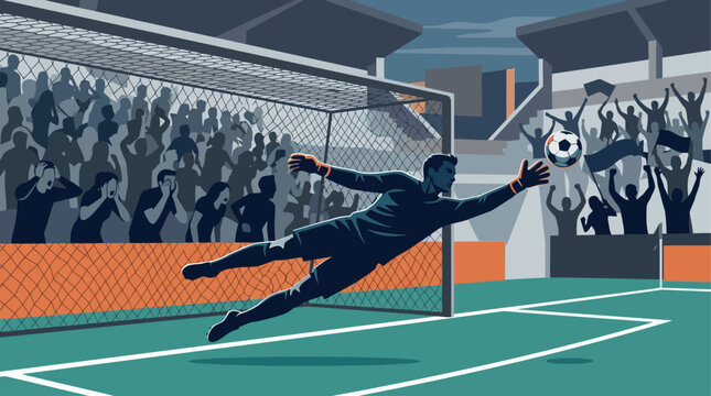 This flat design illustration vividly portrays a goalkeeper making a dramatic save, with the stadium crowd's diverse reactions reflecting the intense moment. 