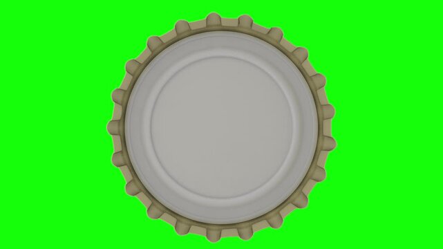 A metal beer cap spins against a green background. Bottle cap animation. Cap recycling. Mockup of bottle caps for soda, juice, and beer. Mask for video cutting.