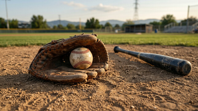 An old baseball glove and baseball lie on the lawn