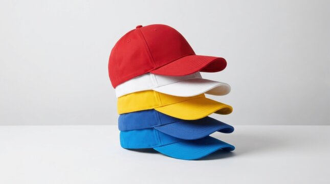 Stack of colorful baseball caps arranged neatly on white background outdoor fun summer fashion.