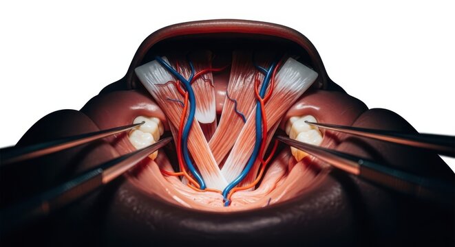 Anatomical dissection of the human pelvic region showing muscles and vascular structures