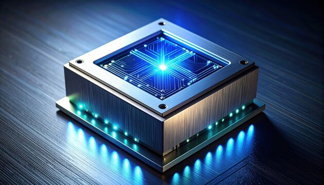 Intricate miniature quantum computing core with visible glowing blue pathways and advanced circuitry