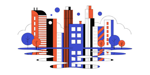 Fototapeta premium Abstract modern city urban landscape illustration with water reflection city life buildings architecture illustration reflection landscape abstract cityscape minimalist metropolis business