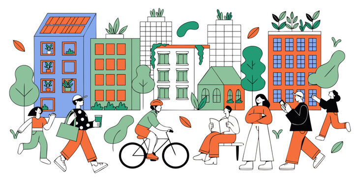 People living in sustainable modern city with rooftop gardens and solar panels sustainable lifestyle buildings community environment activity architecture illustration neighborhood renewable