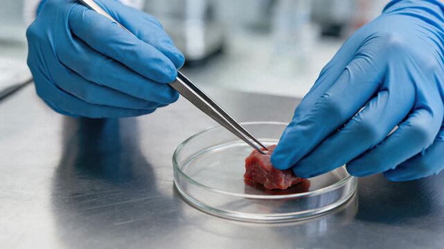 Food laboratory sample meat in petri dish on metal table with gloved hand and tweezer