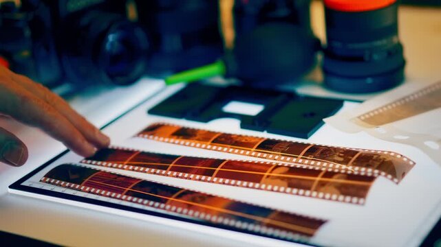 Analog film negatives review light table photography equipment studio. Vintage strip analysis closeup detail macro frames sequence selection process creative workflow retro media preservation scanning