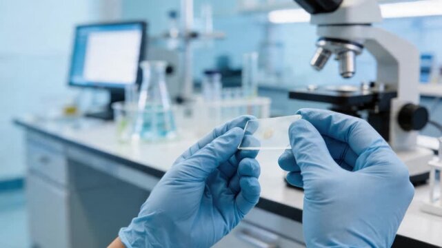 Laboratory food sample in gloved hand near microscope for clean science analysis