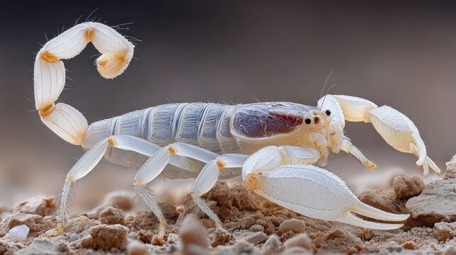 Scorpion on rocky ground with raised tail.