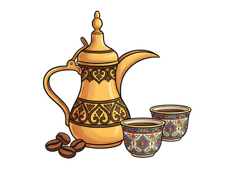 Traditional arabic coffee set a golden dallah with cups and dates