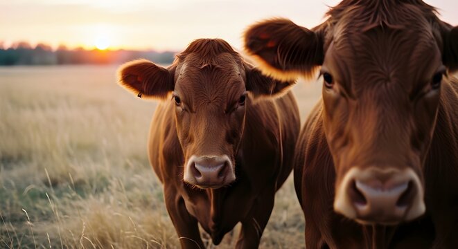 Cows in a field at sunset