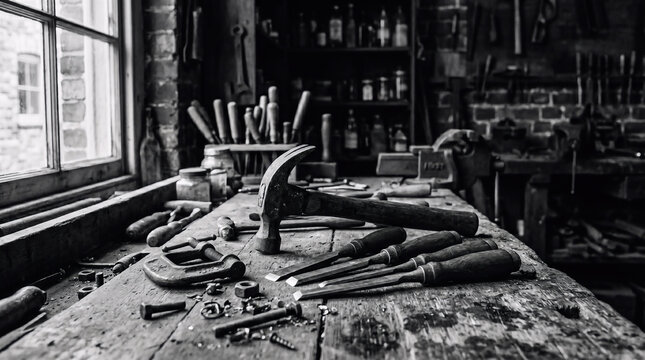Black and White Antique Workshop Interior with Old Tools on Wooden Workbench