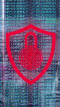 Vertical video: Translucent shield appearing over code matrix, pulsing and scanning to show threat