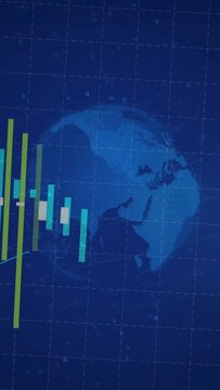 Vertical video: Flare sparking globe rotating while bars sliding in and lines tracing market chart