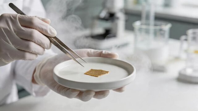 Laboratory Food Sample on Plate in Gloved Hand with Tweezers and Vapor Science Experiment