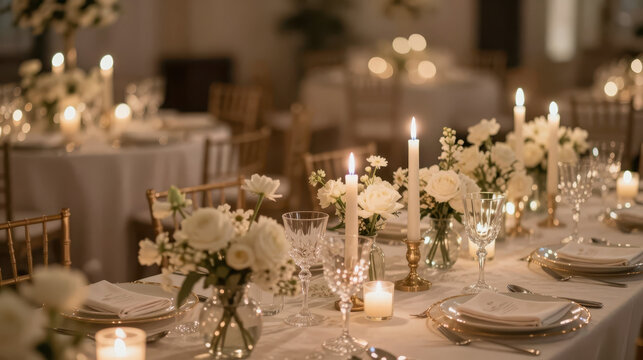 Elegant wedding table with white rose centerpieces candlelight and crystal glassware creating intimate romantic atmosphere for reception dinner