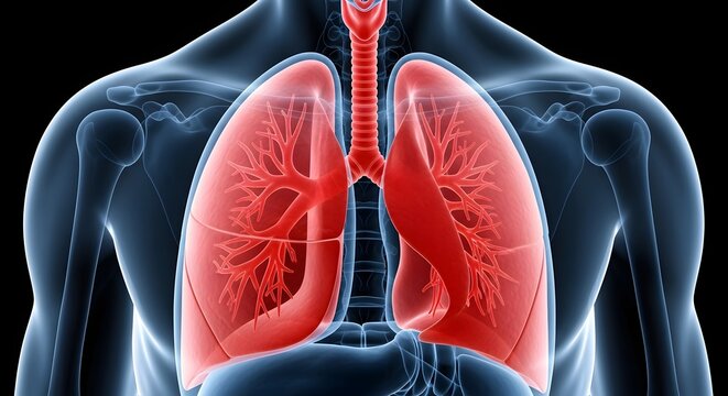 Human respiratory system with highlighted lungs and trachea