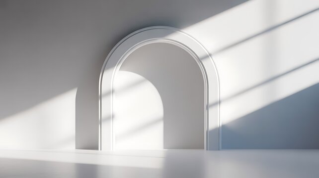 White arched doorway casting shadows from window blinds on a bright minimalist background shadow play interior design minimalist architecture interior geometric sunlight abstract structure