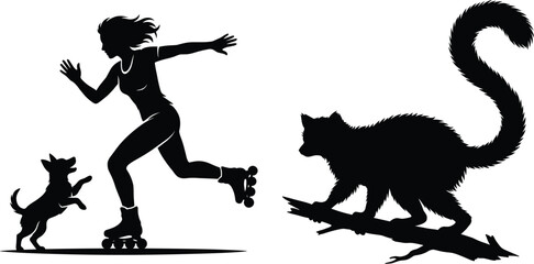 Roller skater dog lemur silhouettes icon illustration, animal human interaction artwork design, dynamic movement concept symbol graphic, black white professional representation © MDGOLAM