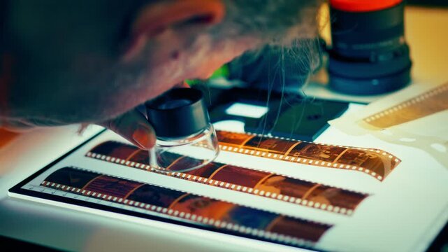 Analog film negatives inspection magnifier photographer archive studio closeup. Vintage strip analysis light table detail macro frames sequence review process creative workflow retro