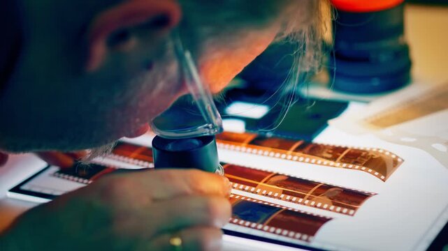 Analog film negatives magnifier light table photography equipment studio. Vintage strip inspection closeup detail macro frames sequence review process creative workflow retro media 