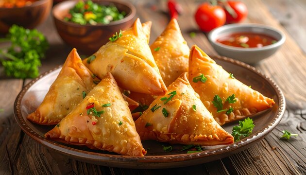 Crispy fried samosas on plate