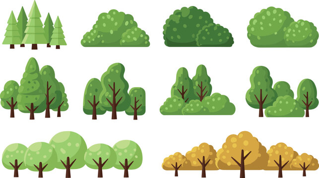 Cartoon trees and bushes collection set forest plants green nature elements flat style vector illustration isolated design