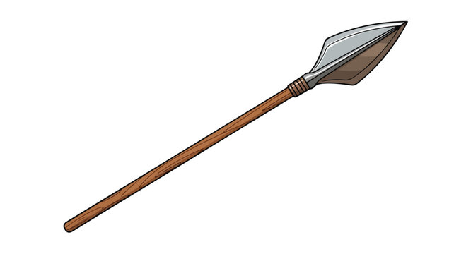 Illustration of a traditional spear with a wooden shaft and metal head on a white background.