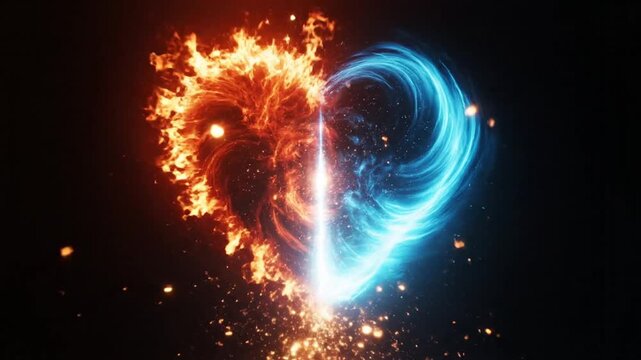 Glowing heart shape made of fire and blue ice energy
