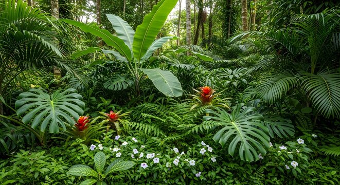 Lush Tropical Rainforest Plants with Bromeliads and Flowers