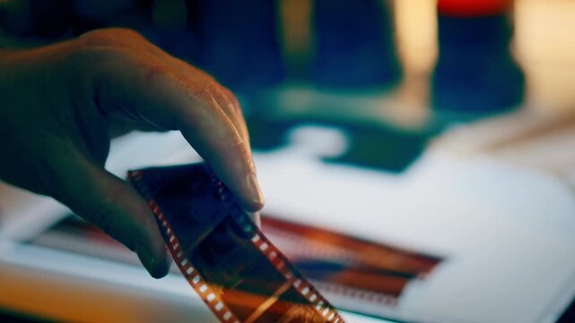 Analog film cleaning blower hand negatives maintenance photography closeup. Vintage strip dust removal air tool detail macro frames sequence care process creative workflow retro media