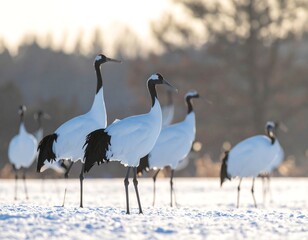Fototapeta premium Cranes standing in snowy landscape together.