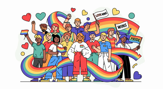 A diverse group of people celebrating LGBTQ+ Pride, holding rainbow flags and signs, surrounded by a large colorful rainbow ribbon.