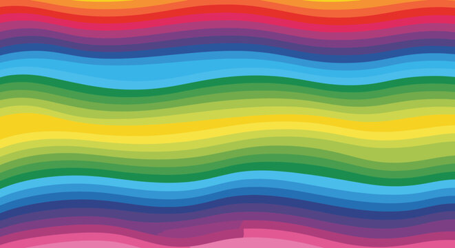 Vibrant abstract background featuring horizontal wavy lines in a full spectrum rainbow color gradient, creating a dynamic and colorful pattern.