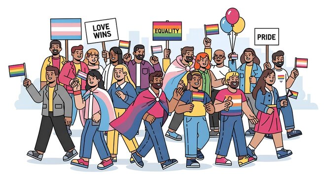 A diverse group of people marching together in a pride parade, holding flags and signs promoting equality and love.