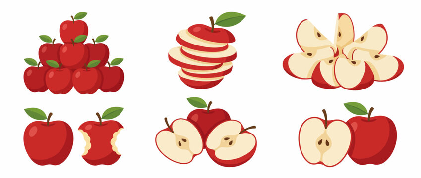 The image showcases various presentations of red apples, including whole apples, sliced, and cut sections, highlighting their freshness and versatility in culinary uses.