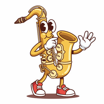 A charming saxophone character walks playfully, bringing to life the joy of music with its animated expression and engaging personality in a colorful artistic style.