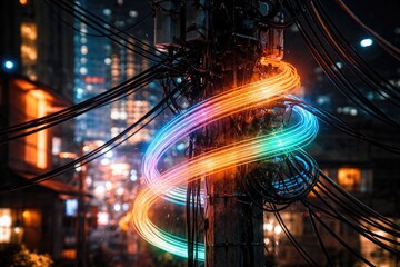 Fototapeta premium Illuminated Fiberglass Internet Cable Spiraling Around Electric Pole at Night
